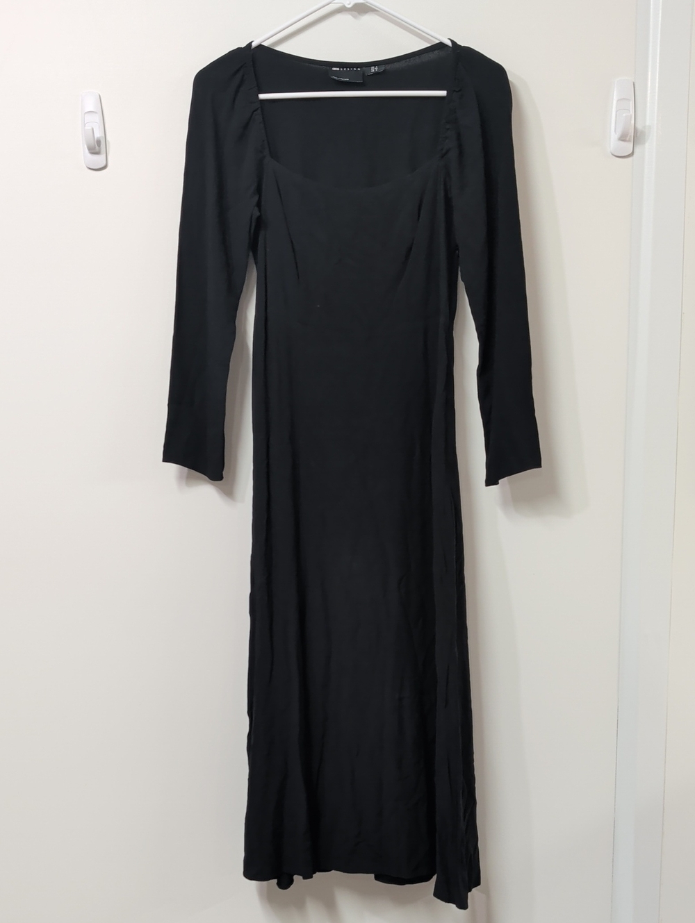 ASOS DESIGN Black Long Sleeve Square Neck Midi Dress with Split Hem Size 6